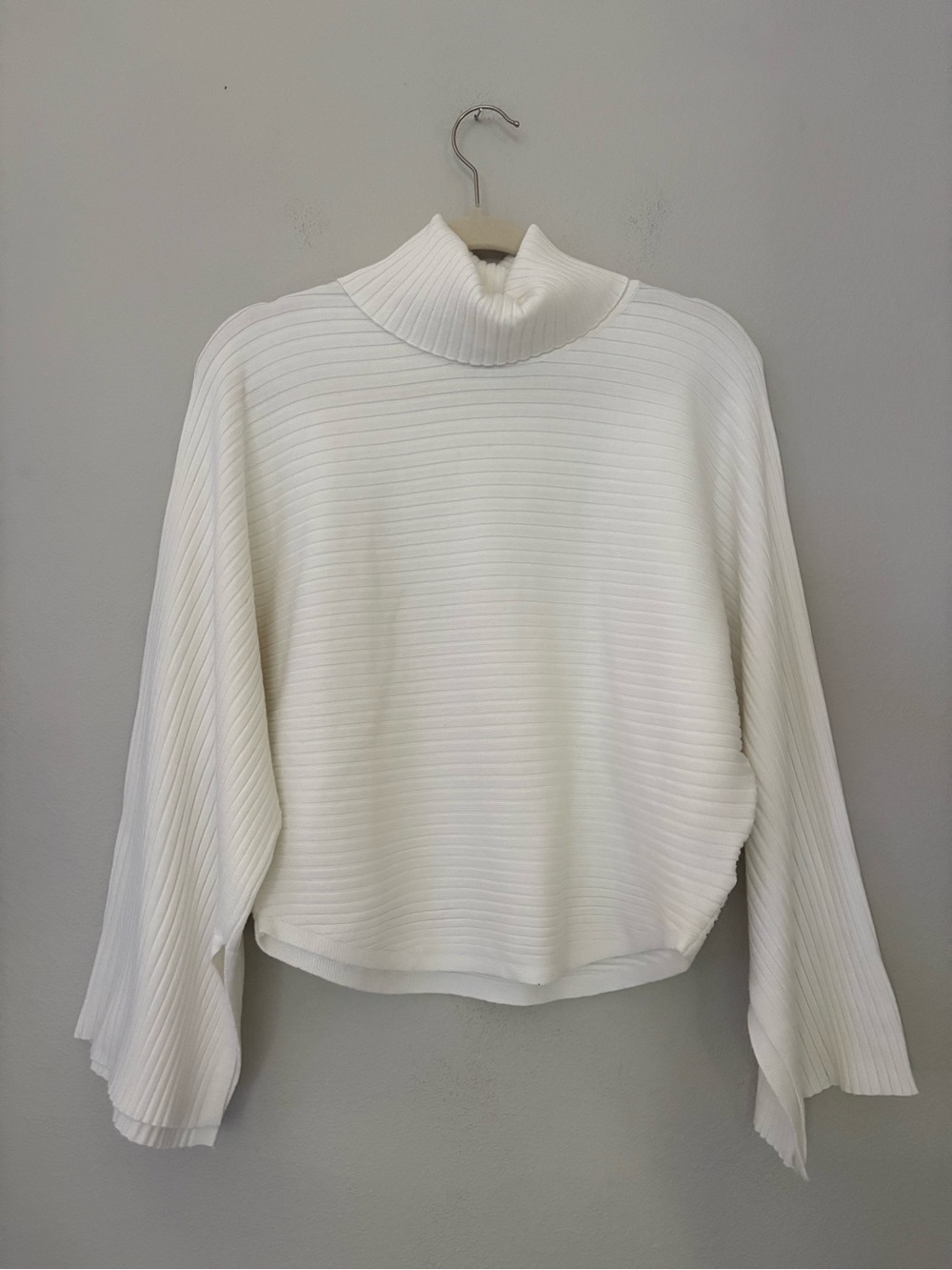 Pink Rose Cropped Mock Neck Ribbed Sweater White Bell Sleeve L Boho Coquette